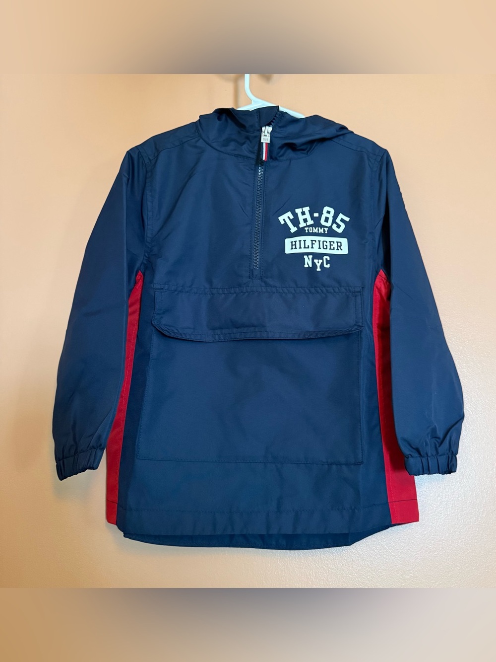 Tommy Hilfiger Boys Size 4 Navy Red Hooded Pullover Windbreaker NWT